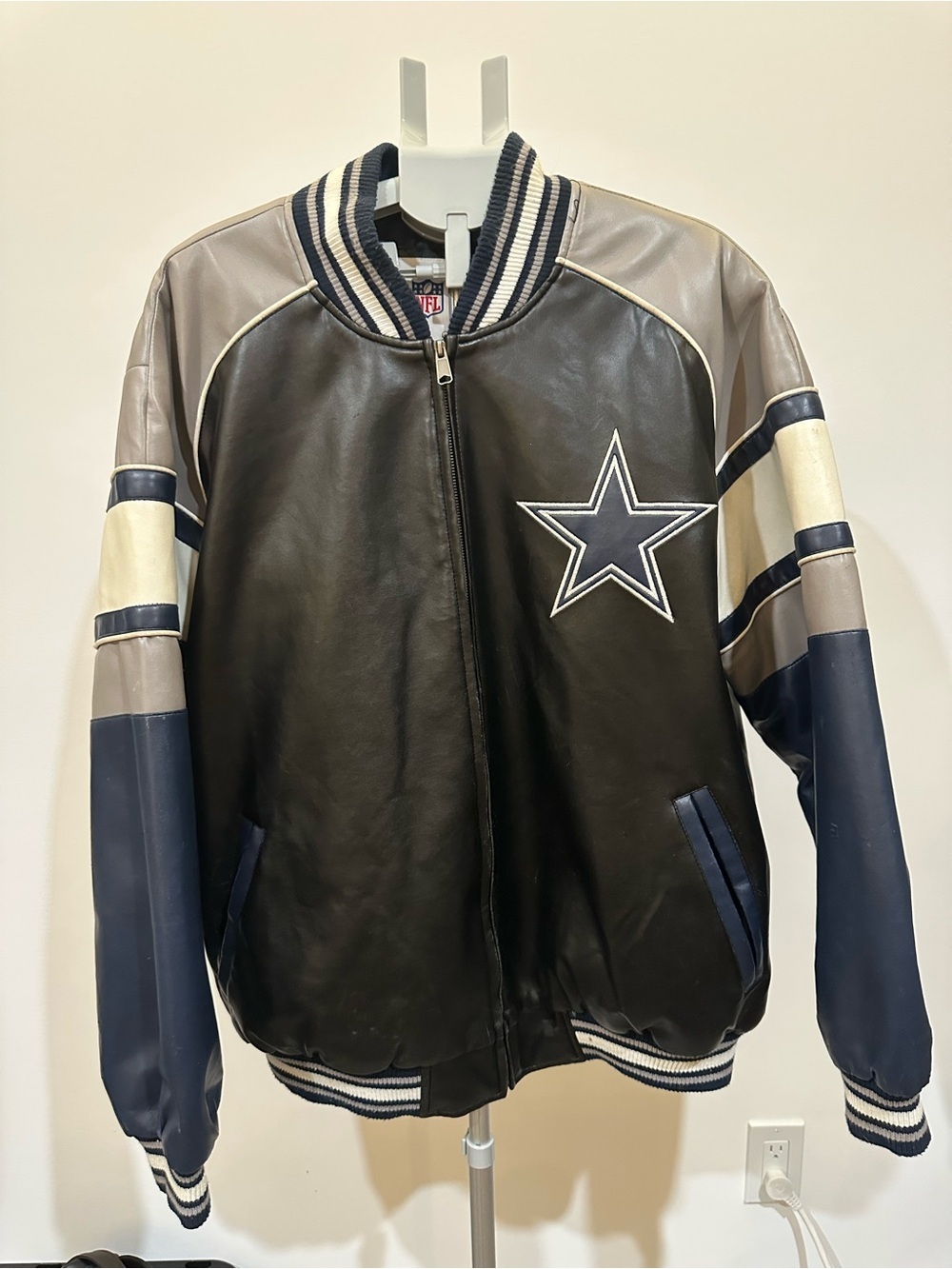 NFL Black, Navy & Cream Dallas Cowboys Faux Leather Bomber Jacket - Picture 2 of 16